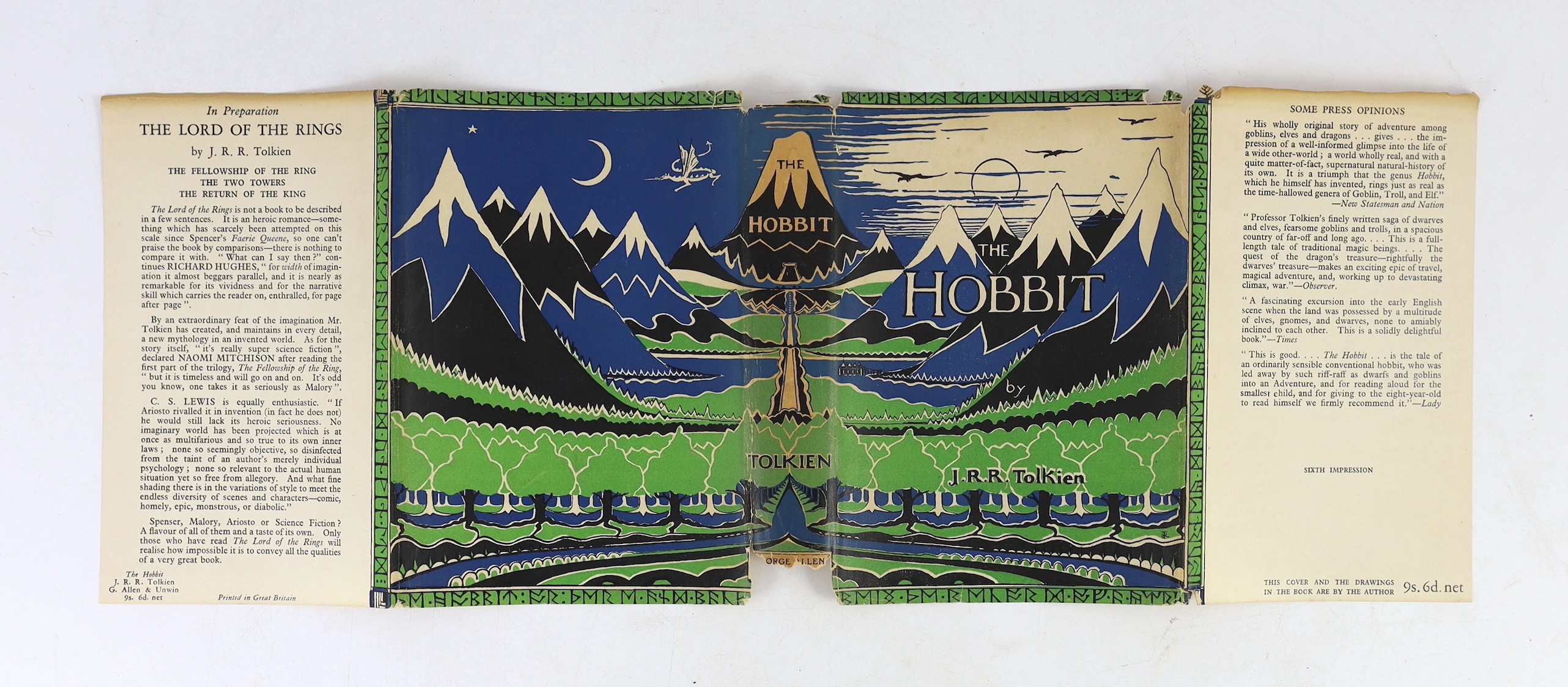 Tolkien, J.R.R. - The Hobbit or There and Back Again. Illustrated by the Author. 2nd edition, sixth impression. coloured frontis and 8 text illus. (7 full page), coloured maps on e/ps., half title; publisher's green clot